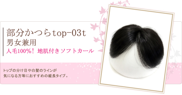 部分かつら top-03t 男女兼用 人毛100%! 地肌付きソフトカール トップの分け目や白髪のラインが気になる方等におすすめの縦長タイプ